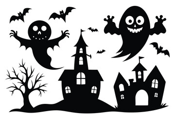 Spooky Halloween Silhouettes Ghosts, Bats, Haunted Houses 