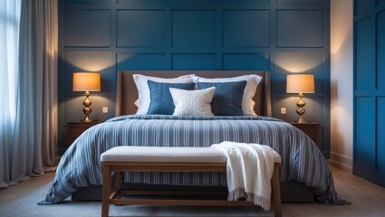 Charming Bedroom Featuring A Blue Accent Wall And Cozy King-Size Bed