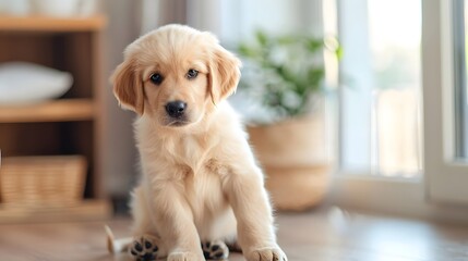 Golden retriever puppy sitting indoors, sunlight streaming through window, cozy home atmosphere