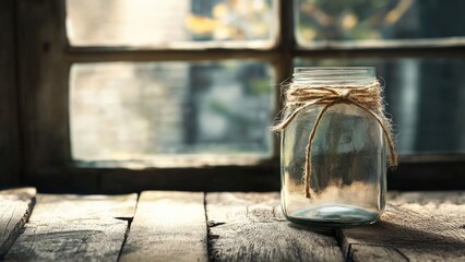 Rustic Glass Jar with Twine on Wooden Surface Near Window