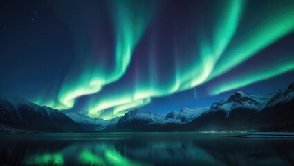 Obraz premium Aurora borealis over a beach. Stunning northern lights. Star-filled sky with polar lights. Winter night landscape featuring aurora, a reflective sea, city lights, and snowy mountains.