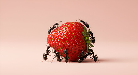 Close-up macro photograph of black ants crawling on a ripe, red strawberry against a soft pink background. A surreal and artistic depiction of nature and teamwork, perfect for concepts like food invas