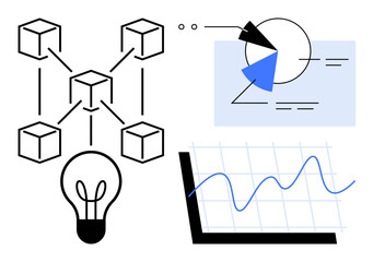 Chain-linked blocks, lightbulb, circular data diagram, and line graph highlight technology, analytics, and innovation. Ideal for blockchain, data, teamwork strategy technology progress themes