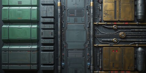Complex Industrial Wall with Green Storage Boxes, Grey Panels, and Black and Gold Pipes