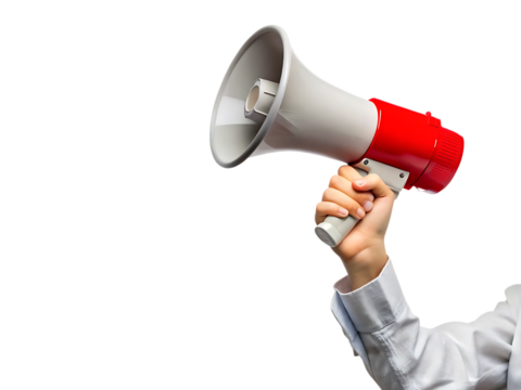 Red megaphone to make a loud announcement or amplify their voice message isolated on white background PNG. GENERATIVE AI