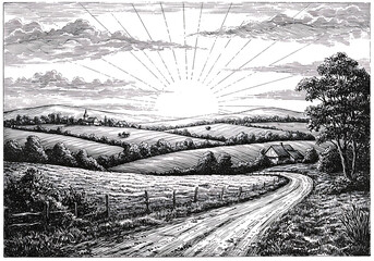 Fototapeta premium Vintage rural landscape illustration with sunrise and country road art