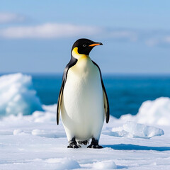 Obraz premium A majestic Adélie penguin standing on icy terrain in Antarctica, surrounded by a breathtaking frozen landscape. Its black-and-white plumage contrasts beautifully with the blue ice and water.
