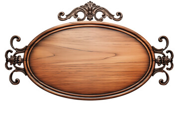Close up of an oval wooden sign with ornate metalwork on a  for text or graphics on transparent background png