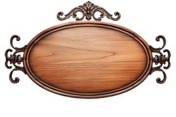 Close up of an oval wooden sign with ornate metalwork on a  for text or graphics on transparent background png