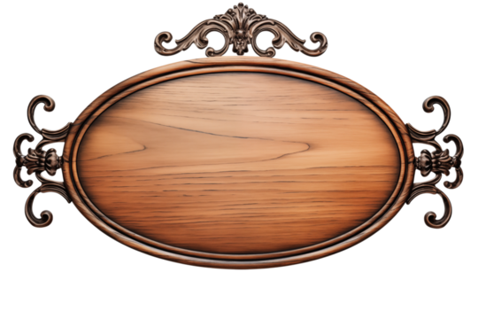 Close up of an oval wooden sign with ornate metalwork on a  for text or graphics on transparent background png - Powered by Adobe