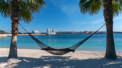 A hammock hanging from two palm trees on a quiet beach, overlooking a calm turquoise sea during the afternoon.