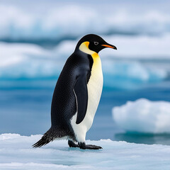 Fototapeta premium A majestic Adélie penguin standing on icy terrain in Antarctica, surrounded by a breathtaking frozen landscape. Its black-and-white plumage contrasts beautifully with the blue ice and water.