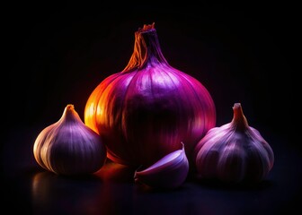 Obraz premium Silhouette Garlic Cloves, Black Background, Isolated Food Photography, Dark Gourmet Image, Single Garlic Bulb Silhouette
