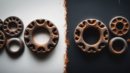 Fototapeta premium Rusty old screws with washers - on a plain background.
