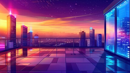 A cyberpunk rooftop with neon lights and a view of a futuristic city.