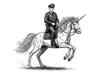 Police officer riding unicorn drawing illustration fantasy art print