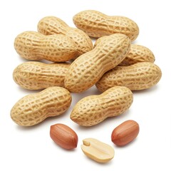 A pile of peanuts in their shells with two shelled peanuts on a white background in a close up view