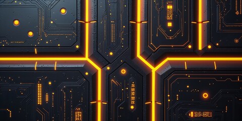 Fototapeta premium Futuristic Circuit Board Texture with Glowing Orange Lines for Cyberpunk Backgrounds