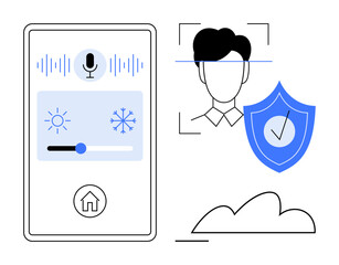 Smart home system screen with voice control, temperature adjustment, face scan, security shield, cloud tech. Ideal for home automation, cybersecurity, privacy, AI connectivity voice UI flat simple