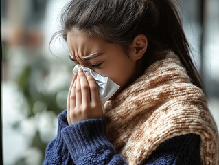 Young woman experiencing allergy symptoms while holding a tissue, wearing a cozy sweater, surrounded by greenery, representing allergy awareness concept
