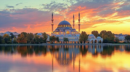 Fototapeta premium Selimiye Mosque at Sunset: A Stunning Reflection of Faith and Tranquility