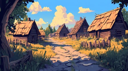 Sunny, idyllic medieval village scene