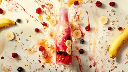 Colorful Berry and Banana Smoothie in a Bottle with Spills