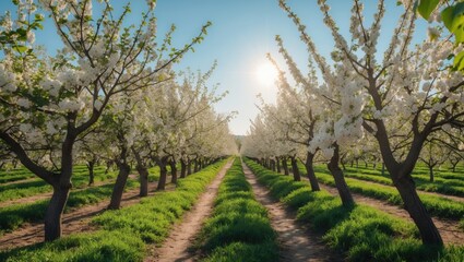 Obraz premium Rows of old plum or pear trees in springtime, featuring white blossoms in farm orchards.