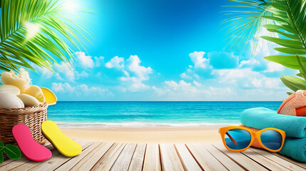 Fototapeta premium Tropical Beach Vacation Concept with Summer Accessories, Towels, Flip Flops, Sunglasses, and Basket on Wooden Deck by Ocean Perfect for Travel Banner, Holiday Design, or Seasonal Beach Promotion