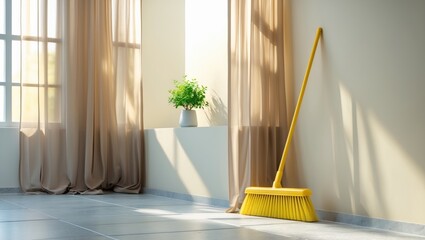 Broom positioned on the tiled floor of the balcony. Cleaning tool accompanied by a flower pot on the balcony railing.