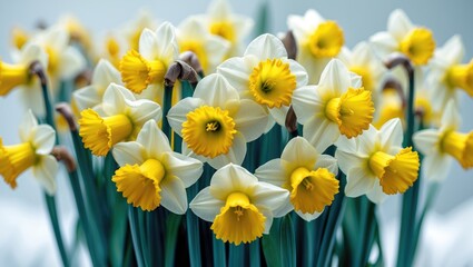Fototapeta premium Bright studio image of a cluster of blooming daffodils set against a backdrop.