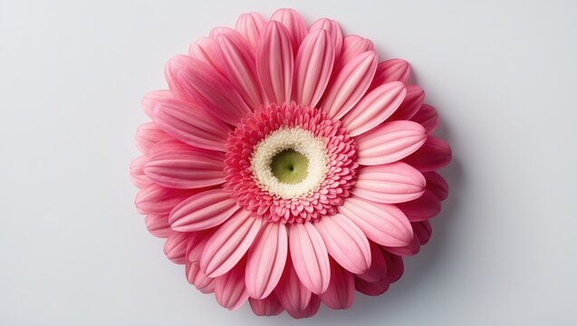 Bright Pink Gerbera flower with a white center isolated on a white background, selective focus. Object featuring a clipping path.