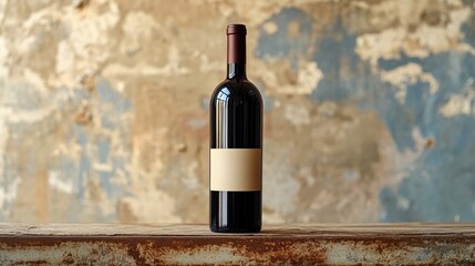 A premium wine bottle with a plain label stands prominently on a rustic wooden table, creating an elegant and minimalist atmosphere against a weathered background