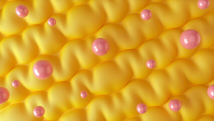 Abstract Yellow Surface with Pink Spheres and Wavy Texture