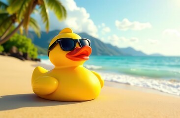 Obraz premium Bright yellow rubber duck wearing sunglasses relaxing on a sunny beach with palm trees and ocean waves in the background summer fun concept