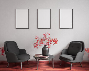 Elegant Minimalist Living Room Interior With Stylish Furniture Decor and Red Accents and White Blank Frames