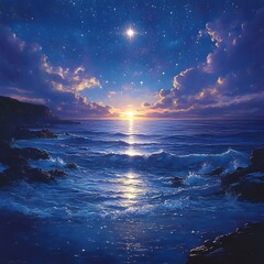 Starry night sky over ocean sunset high resolution hd image