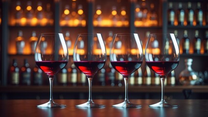 Elegant wine glasses filled with red wine arranged in a row on the bar.