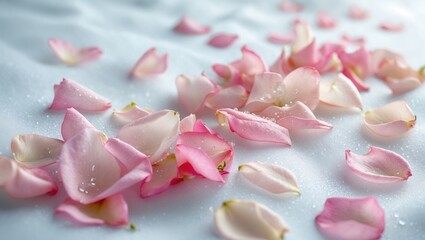 Obraz premium Rose petals scattered on a white backdrop.