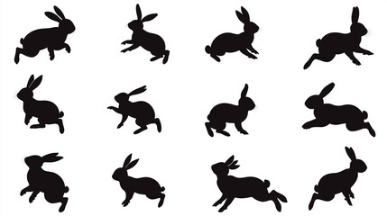Set of Rabbit Silhouettes in Various Running and Sitting Poses on White Background Perfect for Easter Design, Animal Icon Pack, Wildlife Illustration, Pet Vector Art, or Cute Bunny Motion Graphics