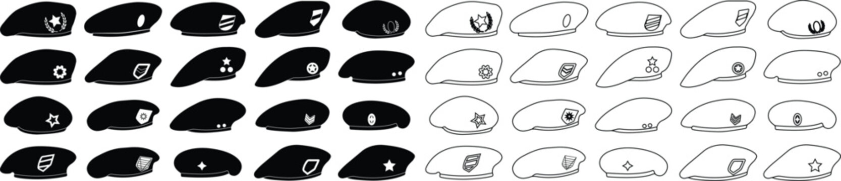 Military beret cap icon in flat line set. isolated on transparent background