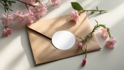 Round blank sticker mockup, circle tag mockup on gift bag, adhesive thank you note, round product label, pink blossoms.