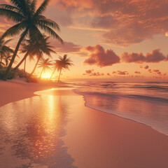 tropical beach during sunset, capturing the serene beauty of nature in its most tranquil form. The scene is infused with warm hues of orange, pink, and gold, creating a dreamy