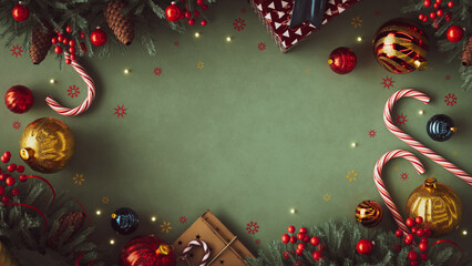 Festive Christmas Decorations with Ornaments and Candy Canes on Green Background