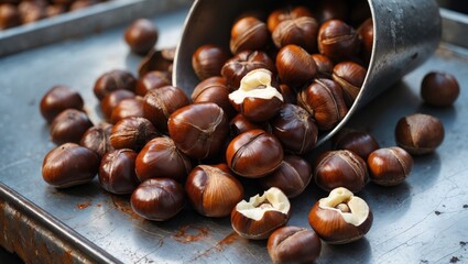 Fototapeta premium Roasted chestnuts available for purchase.