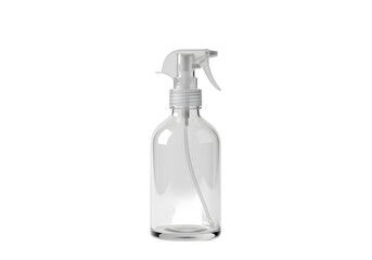 Transparent spray bottle with minimal design, clean and detailed, isolated white.
