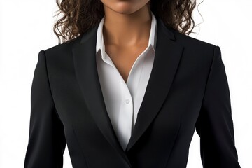 Professional Woman Wearing Black Business Suit Jacket with White Shirt