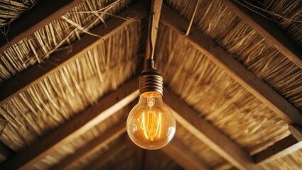 Light bulb hanging beneath a local shelter constructed from dried nipa palm leaves.
