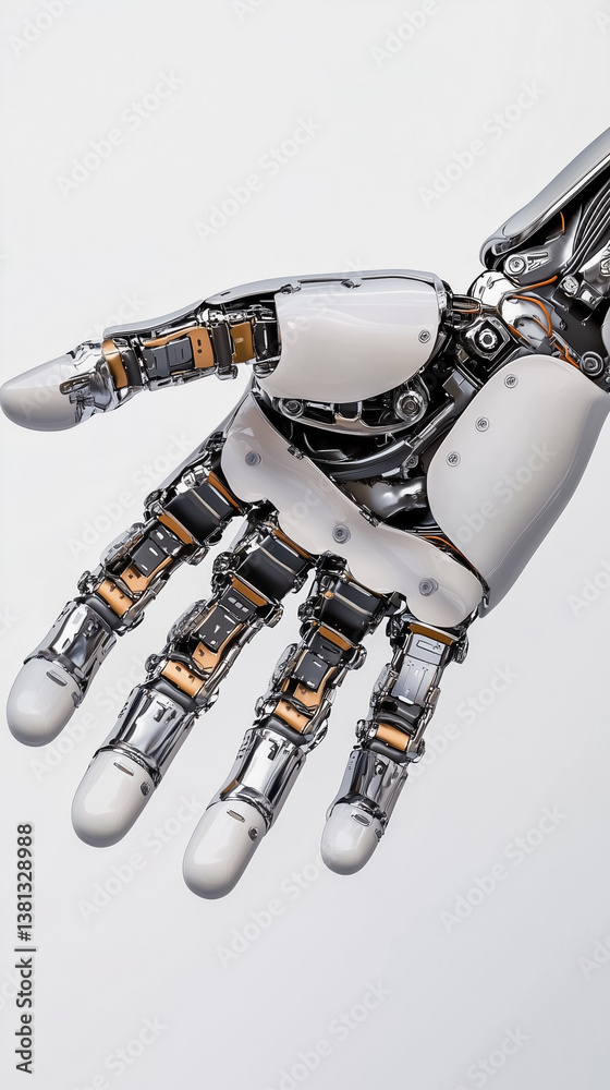 Poster robotic hand displays impressive mechanics with metallic and white components. close-up view illustr