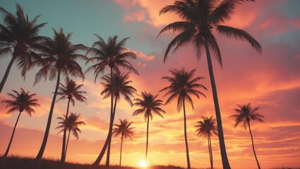 Romantic ambiance of tropical palm trees with sunlight in the background. Outdoor sunset exotic foliage, close-up nature view. Coconut palm trees and radiant sun above a bright sky. Summer spring n...